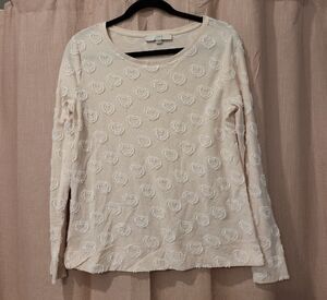 LOFT Cream Long-Sleeve Heart Textured Tee
